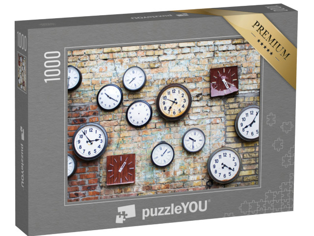 puzzle 1000 dílků „Sbírka starých hodin na cihlové zdi“