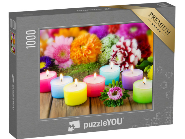 puzzle 1000 dílků „Sedm barevných svíček a kytice květin“