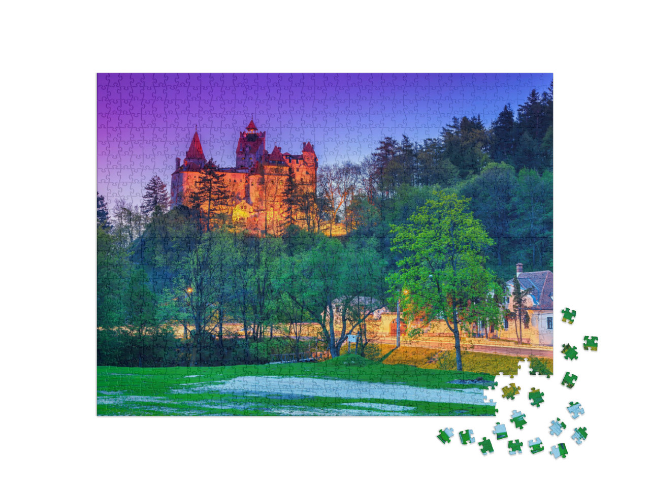 puzzle 1000 dílků „Hrad Bran s večerním osvětlením, Transylvánie, Rumunsko“