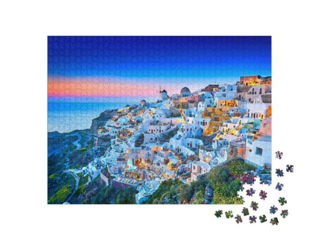 puzzle 1000 dílků „Kostel na Santorini s romantickým západem slunce, Řecko“