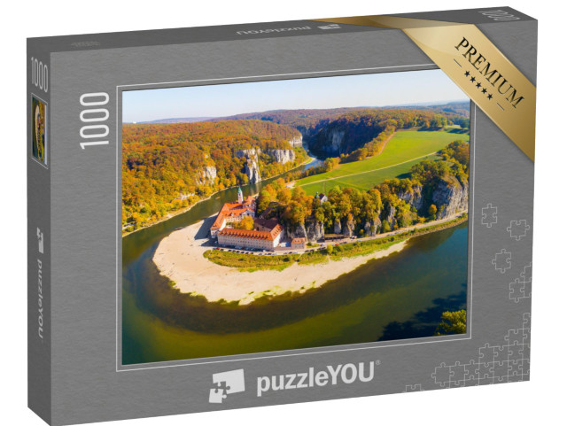 puzzle 1000 dílků „Pohled z ptačí perspektivy: opatství Weltenburg na Dunaji v Bavorsku“