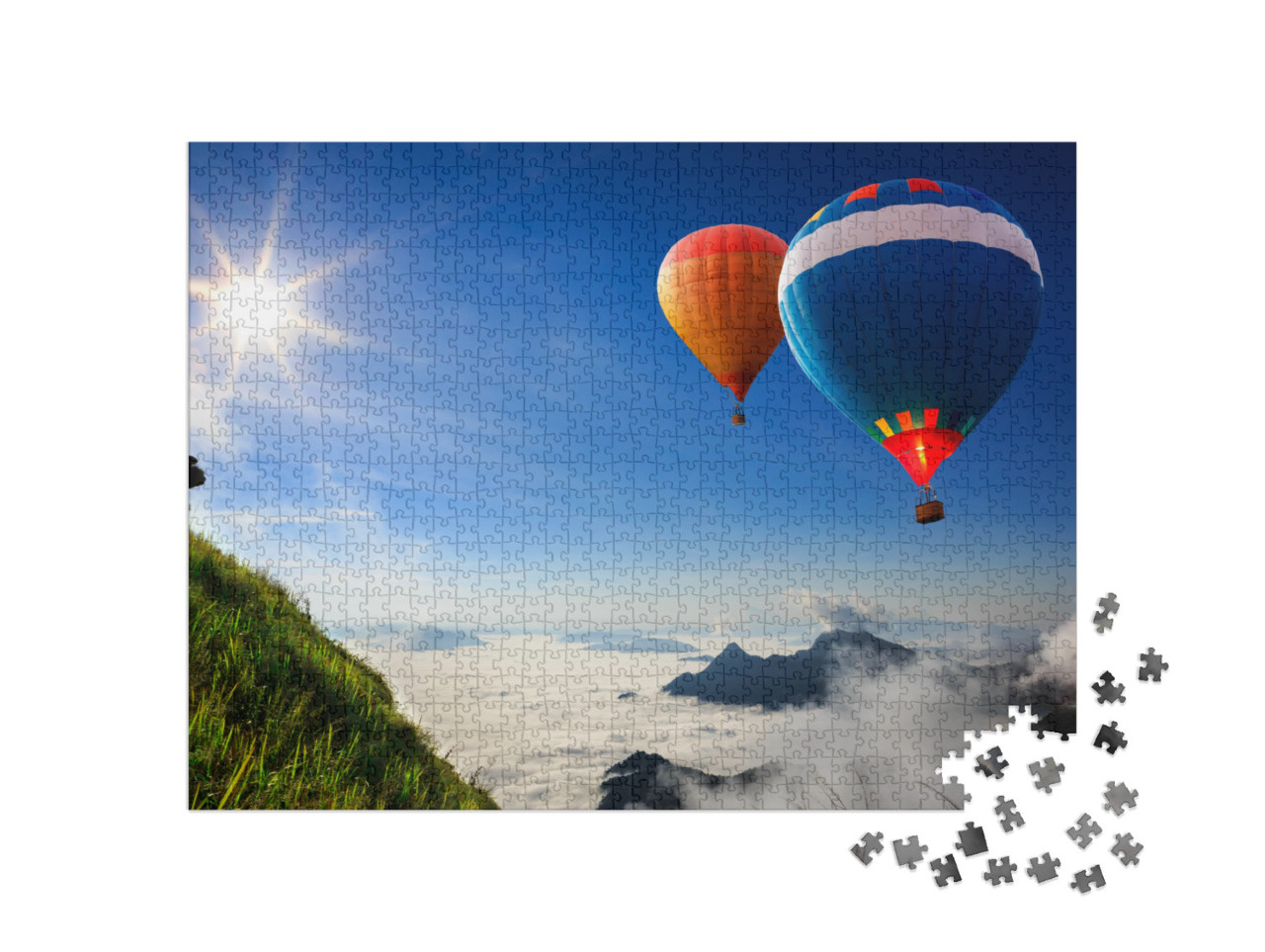 puzzle 1000 dílků „Barevné horkovzdušné balóny nad vrcholky hor v mlze“
