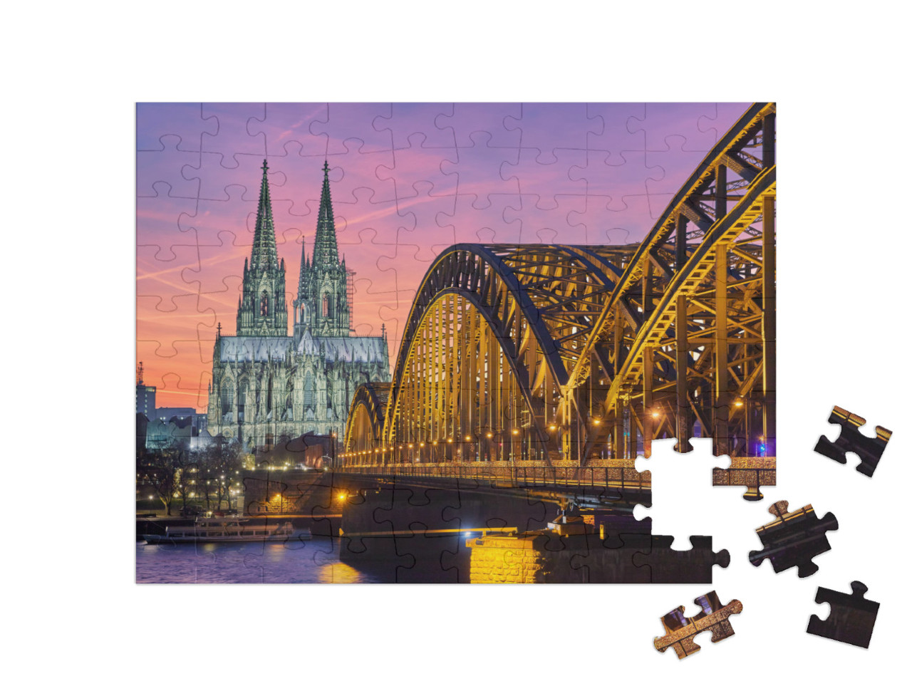 puzzle 100 dílků „Kolínská katedrála a Hohenzollernský most při západu slunce“