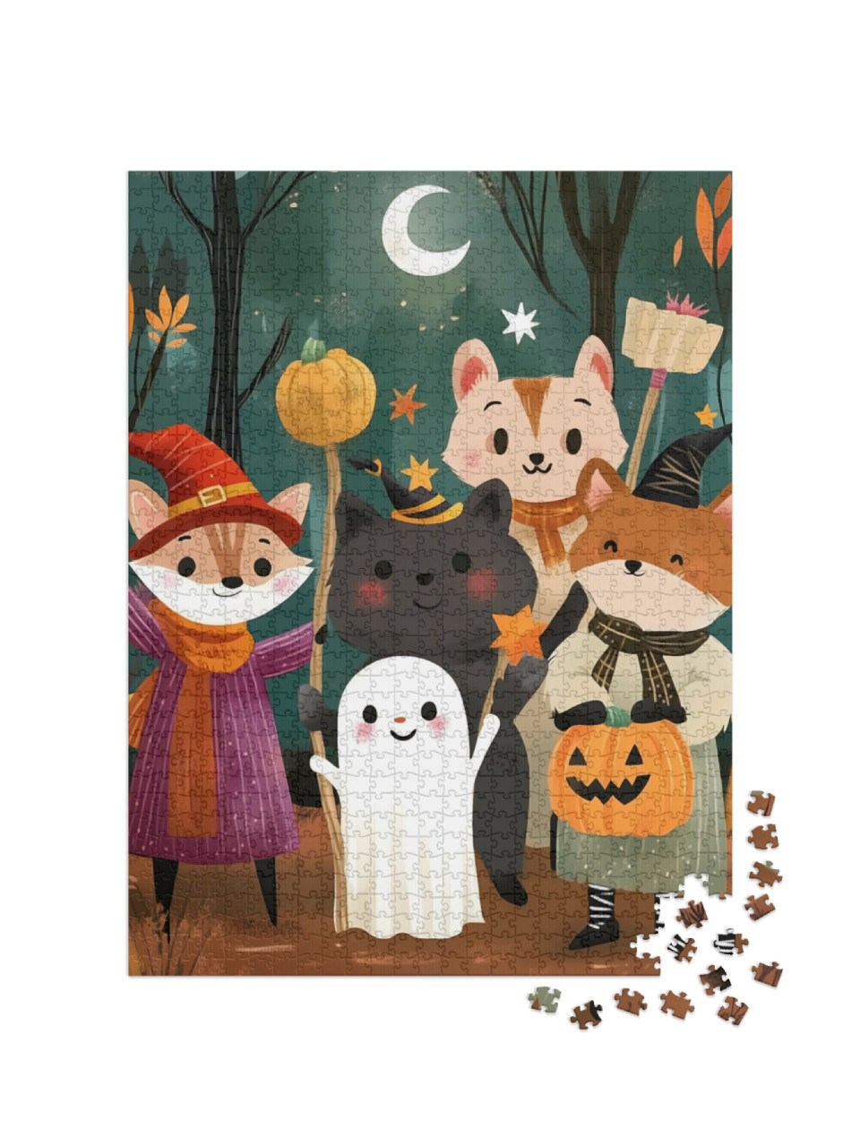 puzzle 1000 dílků „Zvířecí kamarádi slaví Halloween“