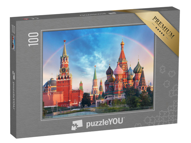 puzzle 100 dílků „Panoramatický pohled na Rudé náměstí s moskevským Kremlem a duhou“