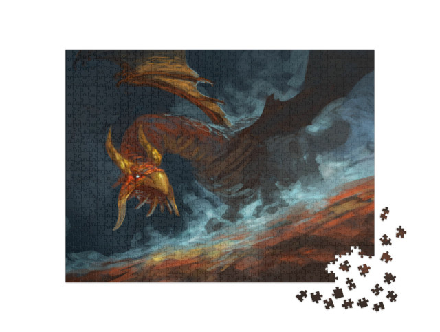 puzzle 1000 dílků „Červený drak s modrou magií, vířící, digitální fantasy malba“