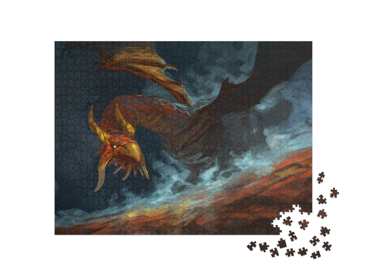 puzzle 1000 dílků „Červený drak s modrou magií, vířící, digitální fantasy malba“