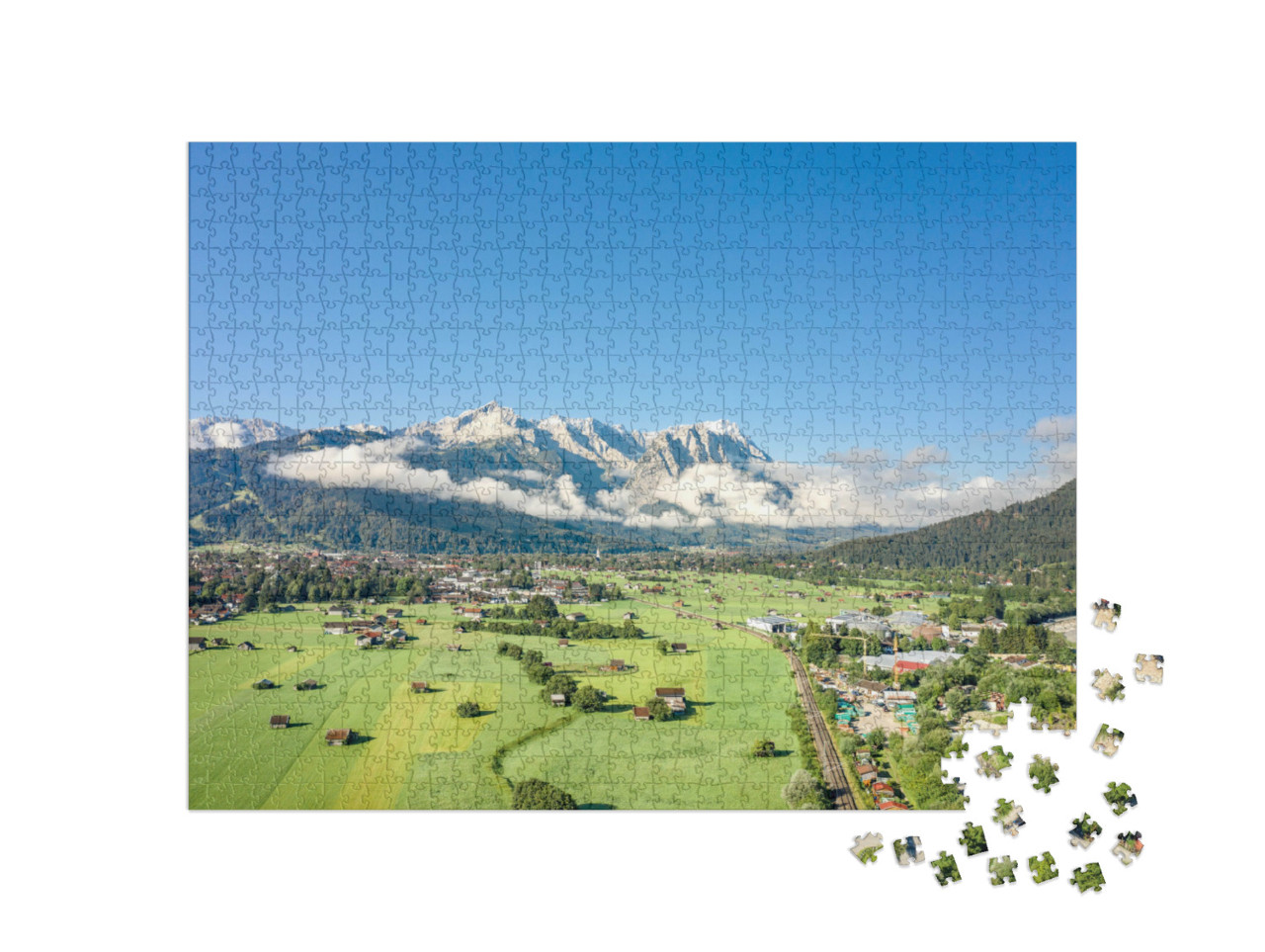 puzzle 1000 dílků „Garmisch-Partenkirchen s výhledem na Zugspitze v mlze“