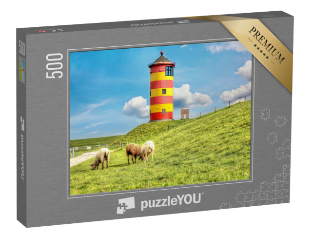 puzzle 500 dílků „Ovce před majákem Pilsum na německém pobřeží Severního moře“