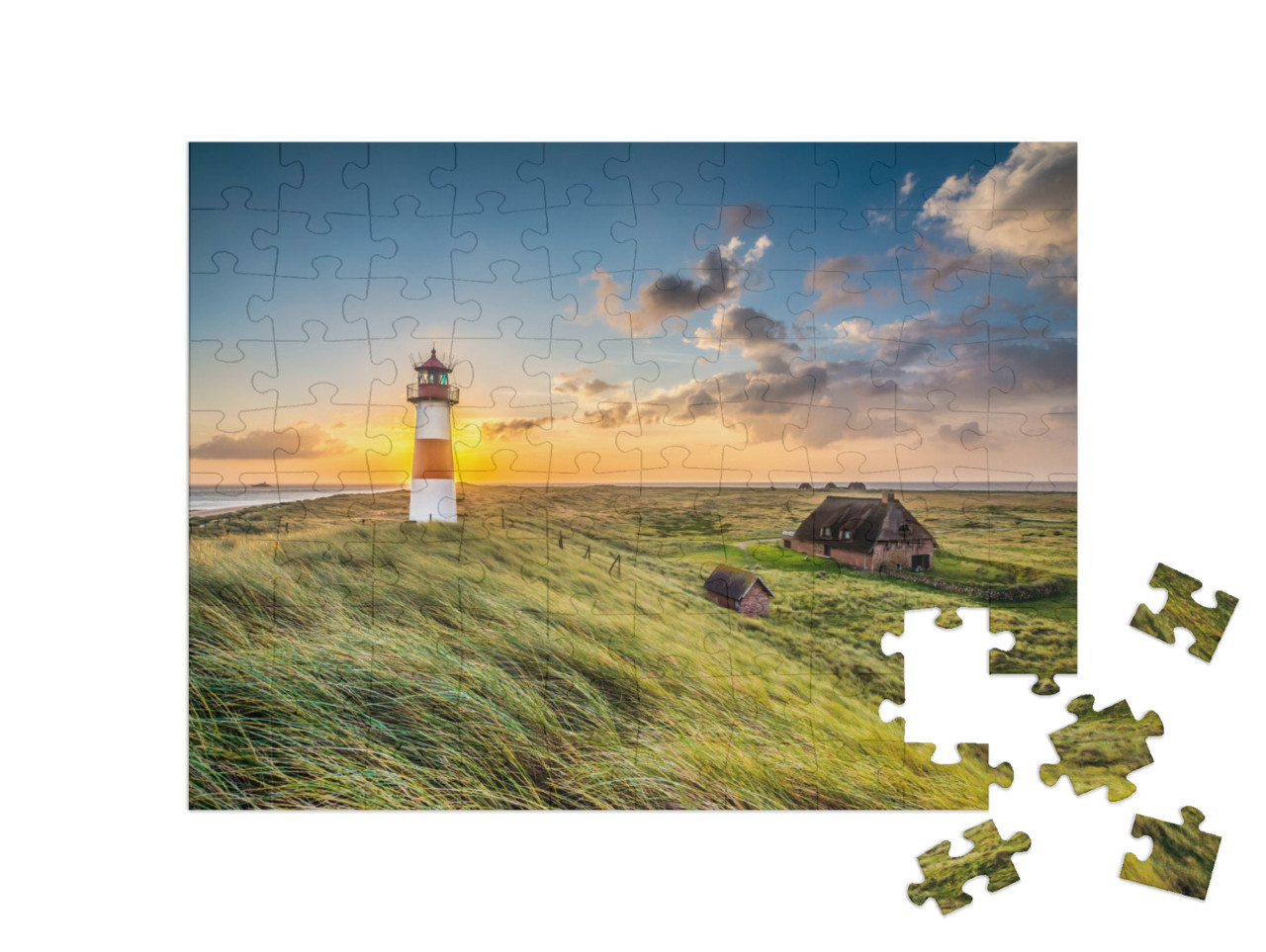 puzzle 100 dílků „Východ slunce u majáku v Listu na ostrově Sylt, Šlesvicko-Holštýnsko, Německo“