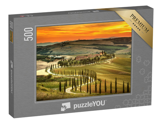 puzzle 500 dílků „Západ slunce nad krajinou Toskánska, Itálie“