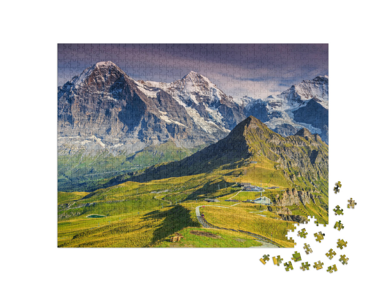 puzzle 1000 dílků „Alpské panorama s Jungfrau, Mönchem, severní stěnou Eigeru a Männlichenem, Švýcarsko“