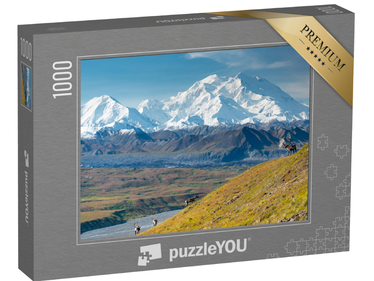 puzzle 1000 dílků „Jelen karibu před horou Denali, Aljaška“