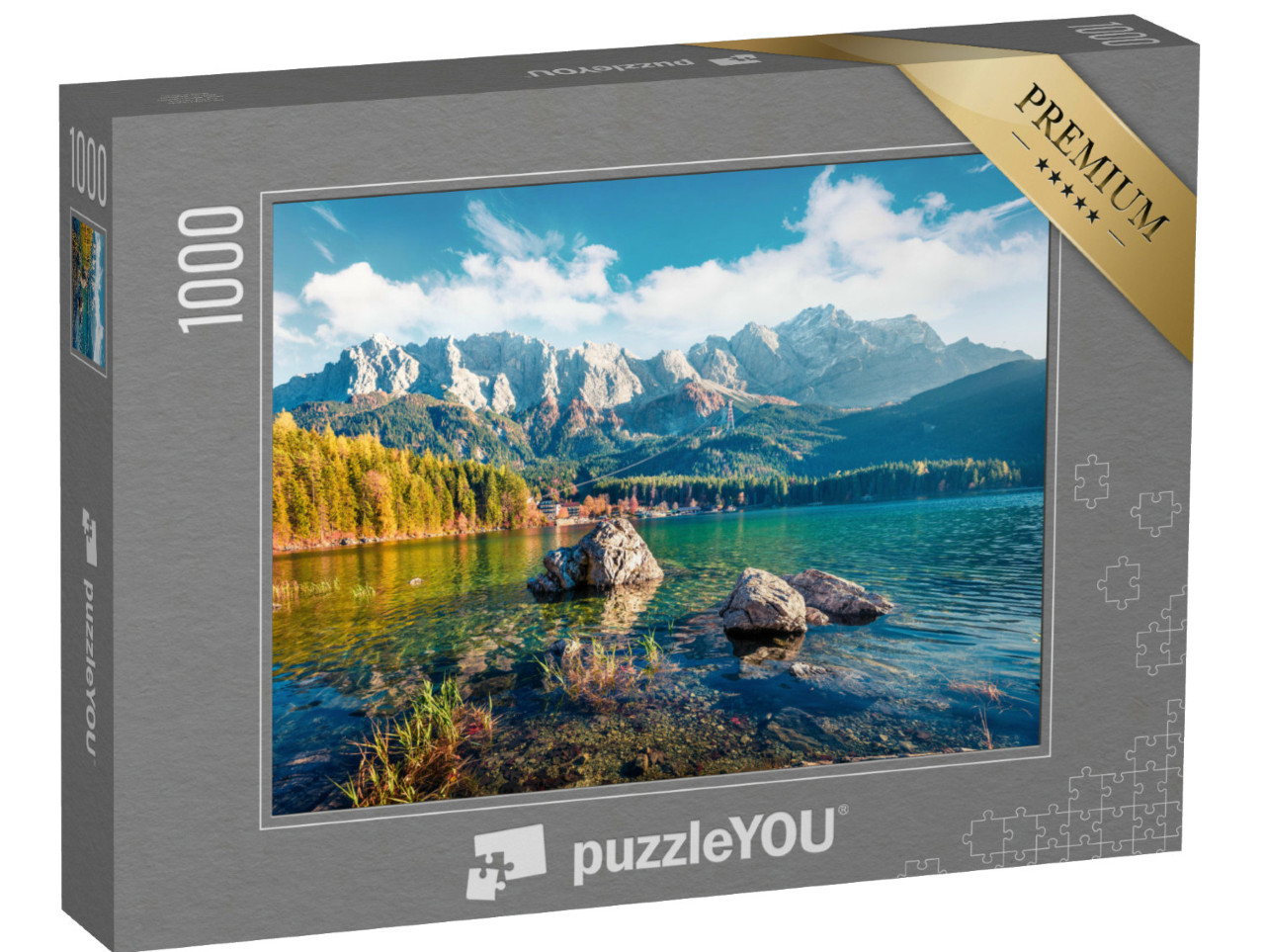 puzzle 1000 dílků „Slunečný večer u jezera Eibsee v bavorských Alpách“