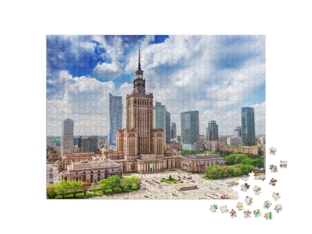 puzzle 1000 dílků „Letecký pohled, palác kultury a vědy s mrakodrapy, Varšava, Polsko“