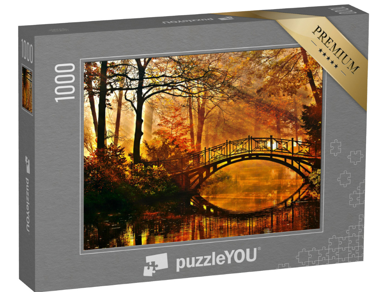 puzzle 1000 dílků „Starý most v podzimním mlžném parku“