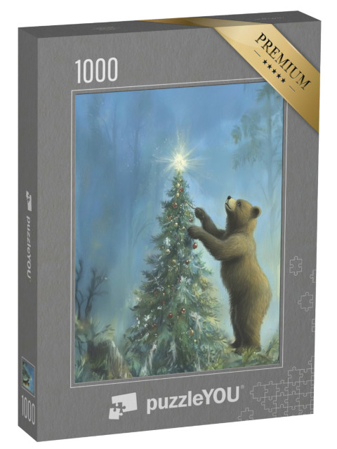 puzzle 1000 dílků „Hnědý medvěd zdobí vánoční stromek v zimním lese“