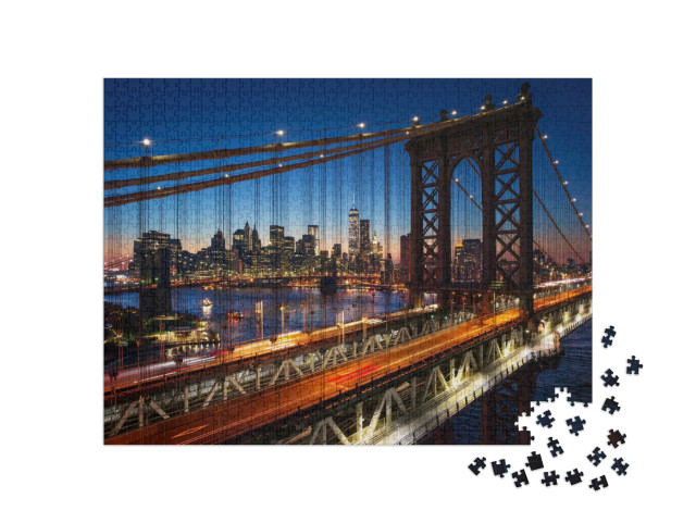 puzzle 1000 dílků „Západ slunce nad Manhattanem s Brooklynským mostem, USA“