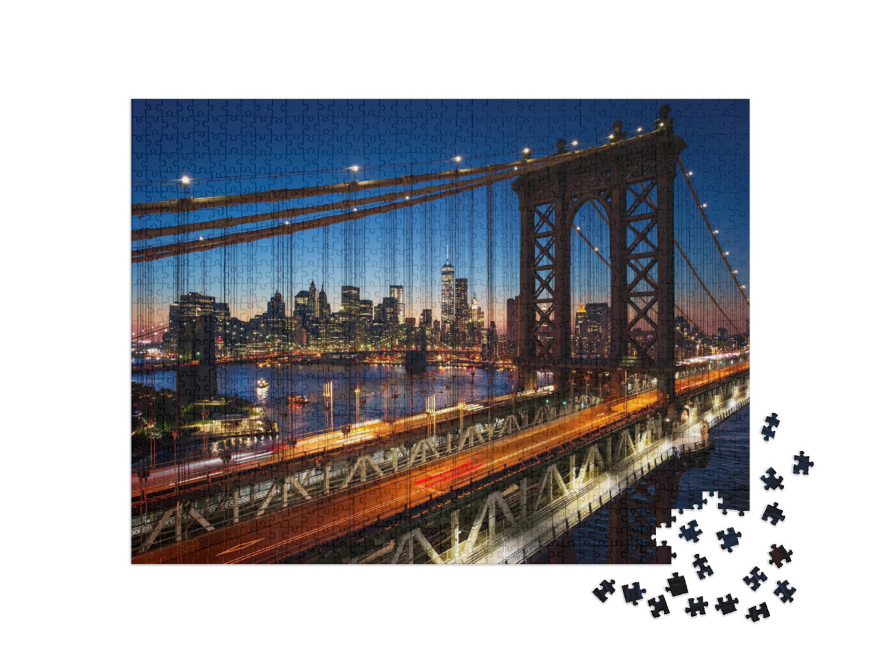 puzzle 1000 dílků „Západ slunce nad Manhattanem s Brooklynským mostem, USA“