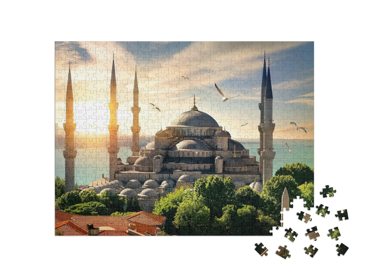 puzzle 500 dílků „Racci nad Modrou mešitou a Bosforem, Istanbul“