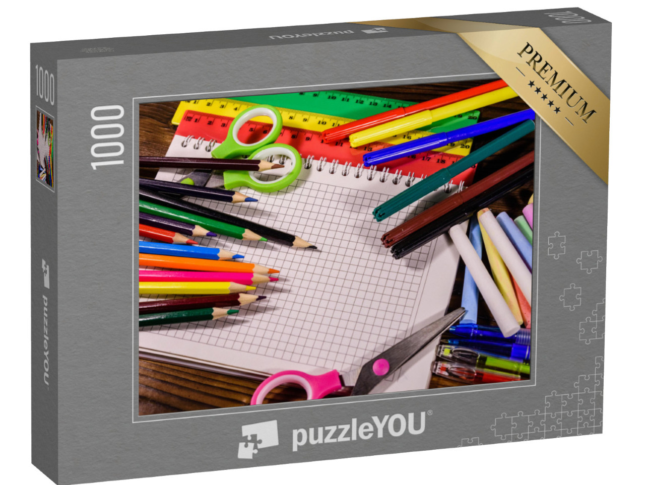 puzzle 1000 dílků „Školní potřeby na tmavém dřevěném stole“