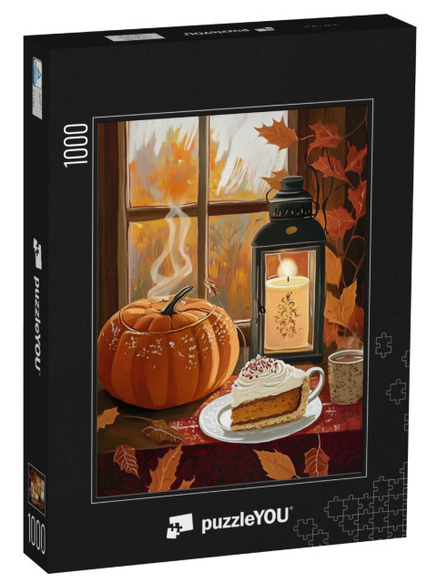 puzzle 1000 dílků „Podzimní atmosféra na Halloween s dýní a dortem“