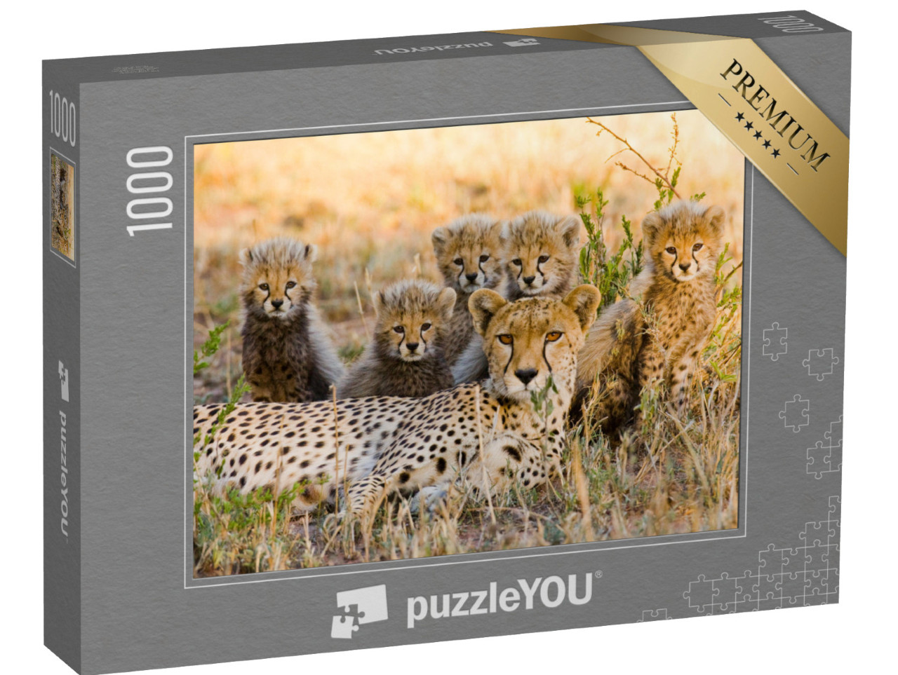 puzzle 1000 dílků „Gepardí matka a její mláďata v savaně, Keňa“