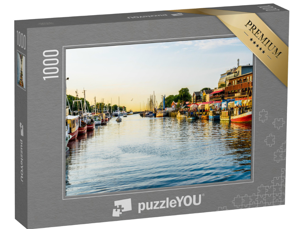 puzzle 1000 dílků „Kanál s loděmi a Baltským mořem ve Warnemünde, Rostock, Německo“