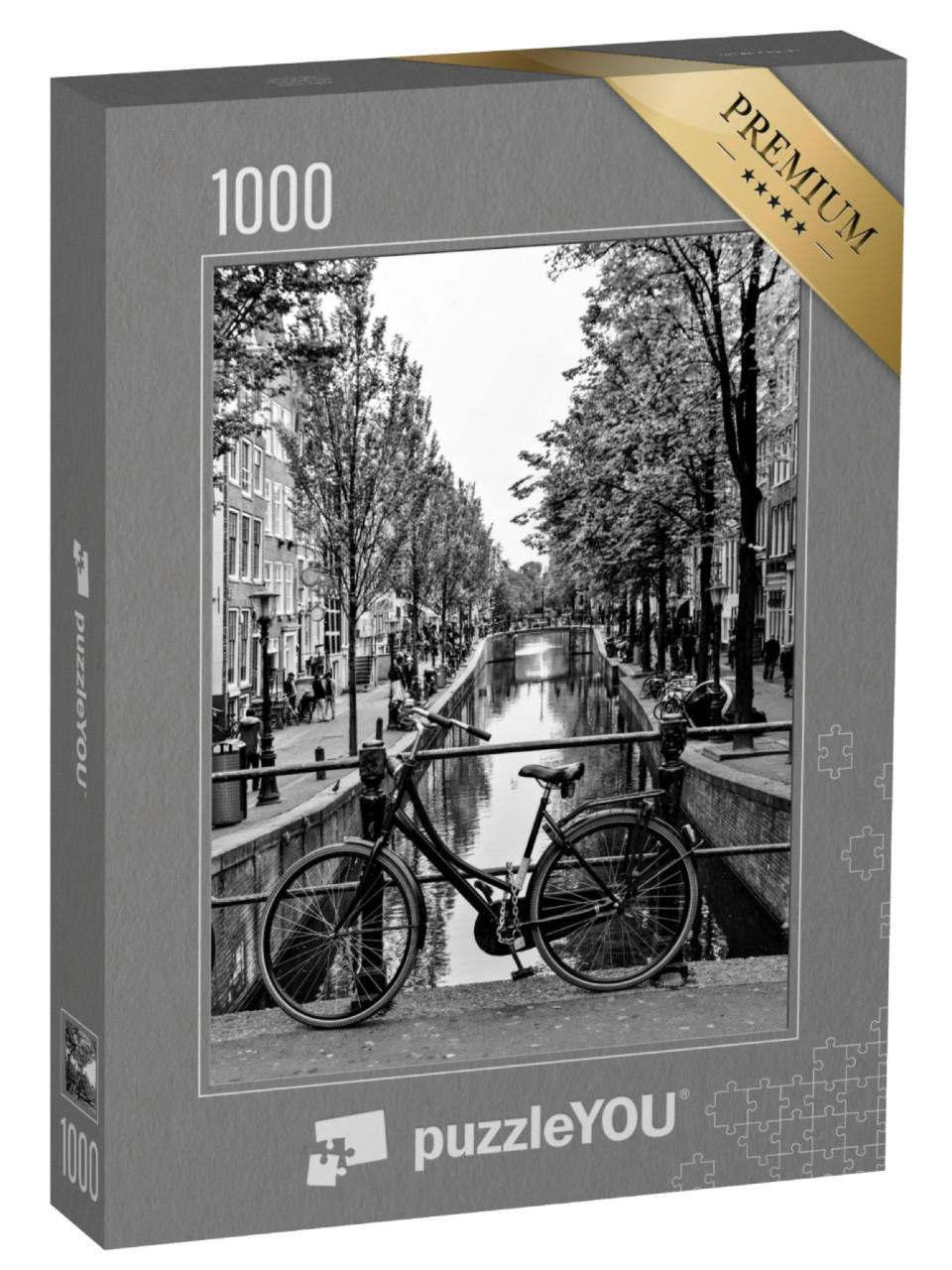 puzzle 1000 dílků „Kolo na mostě přes kanál v Amsterdamu, černobíle“