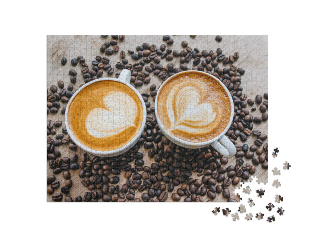 puzzle 1000 dílků „Latte art srdce na dvou kávách se zrnkovou kávou“