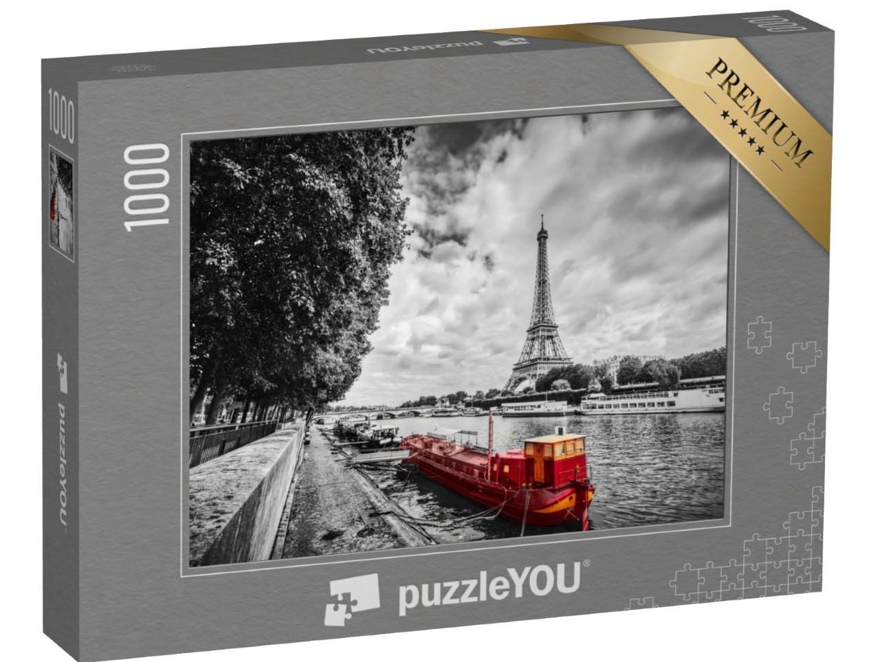 puzzle 1000 dílků „Eiffelova věž nad Seinou s červenou lodí, Paříž, Francie“