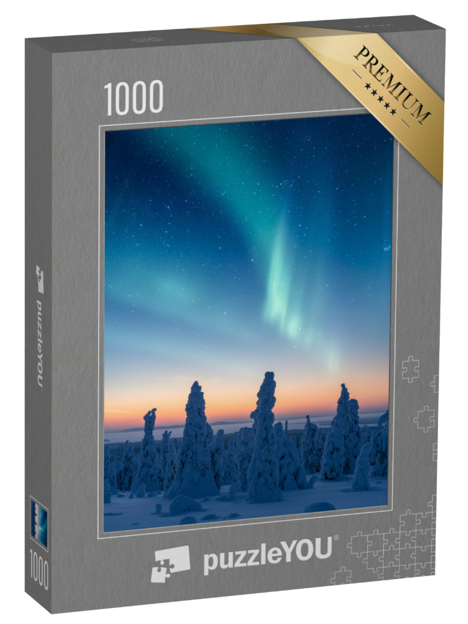 puzzle 1000 dílků „Zasněžené stromy pod krásnou polární září“