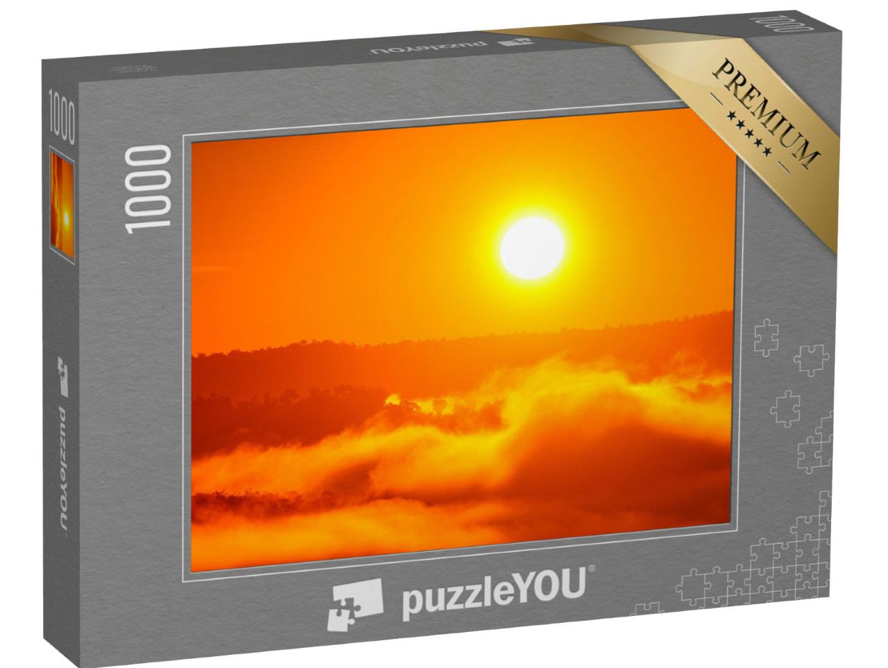puzzle 1000 dílků „Zlato-oranžový západ slunce nad mlžným lesem“