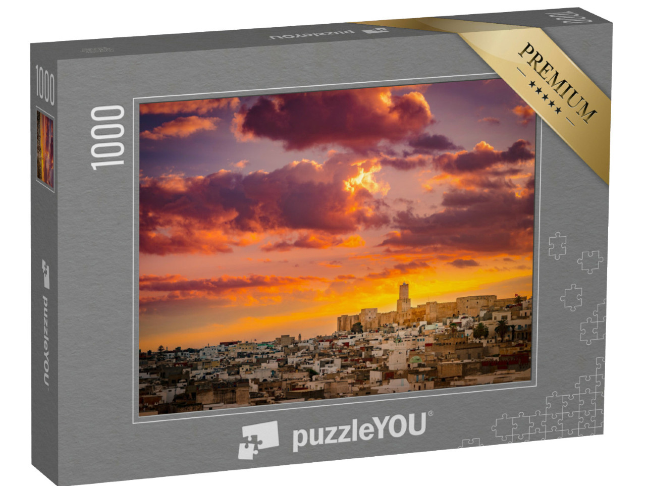 puzzle 1000 dílků „Východ slunce nad medinou a hradem Kasbah v Sousse, Tunisko“