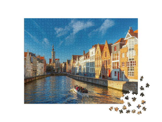 puzzle 1000 dílků „Kanál Spiegelrei a náměstí Jana Van Eycka ráno v Bruggách, Belgie“