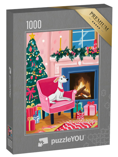 puzzle 1000 dílků „Pes si užívá Štědrý večer u otevřeného ohně“