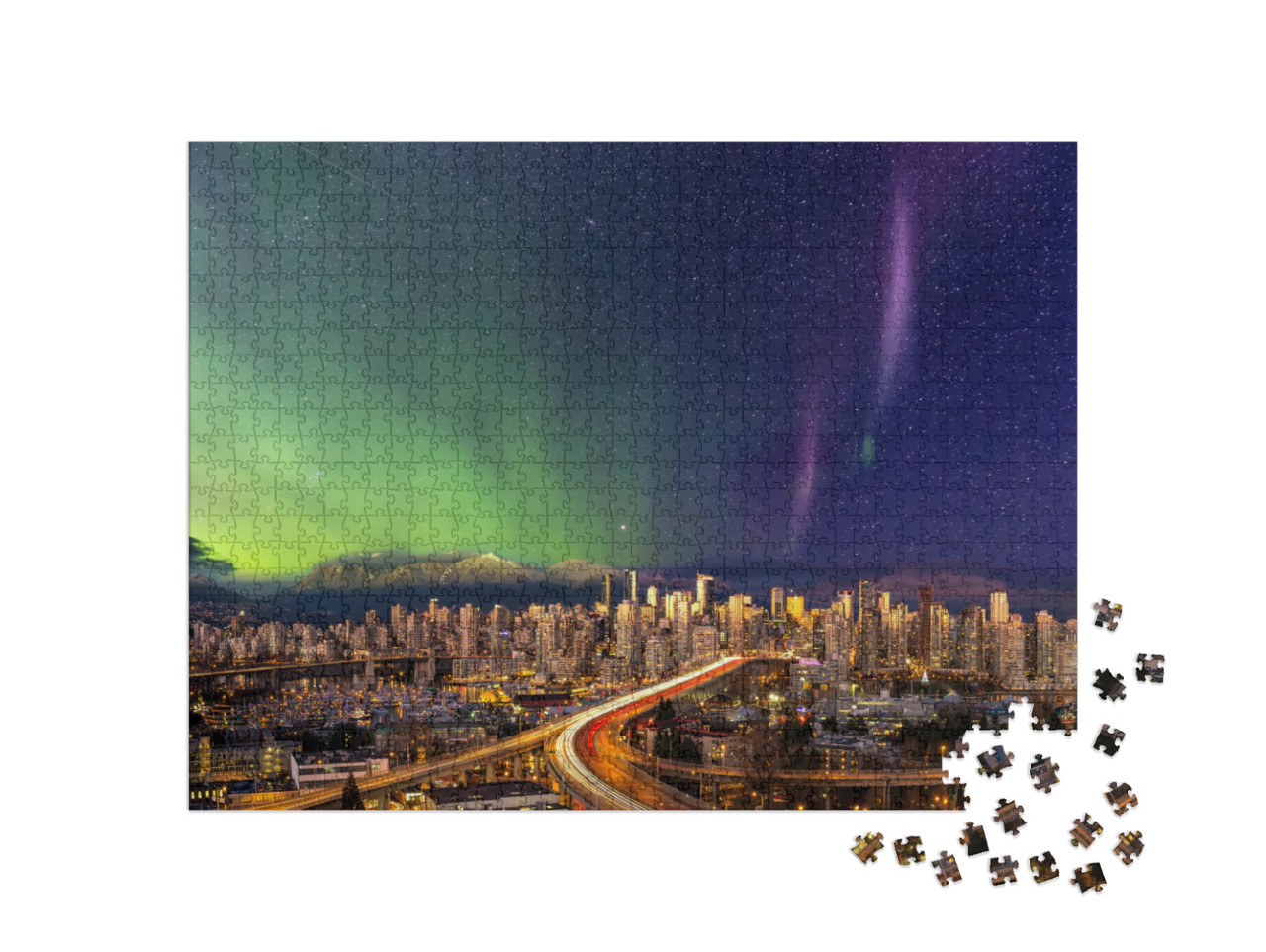 puzzle 1000 dílků „Centrum Vancouveru s polární září“