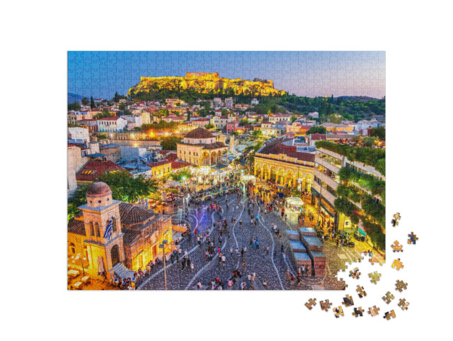 puzzle 1000 dílků „Náměstí Monastiraki a starověká Akropole večer, Atény, Řecko“