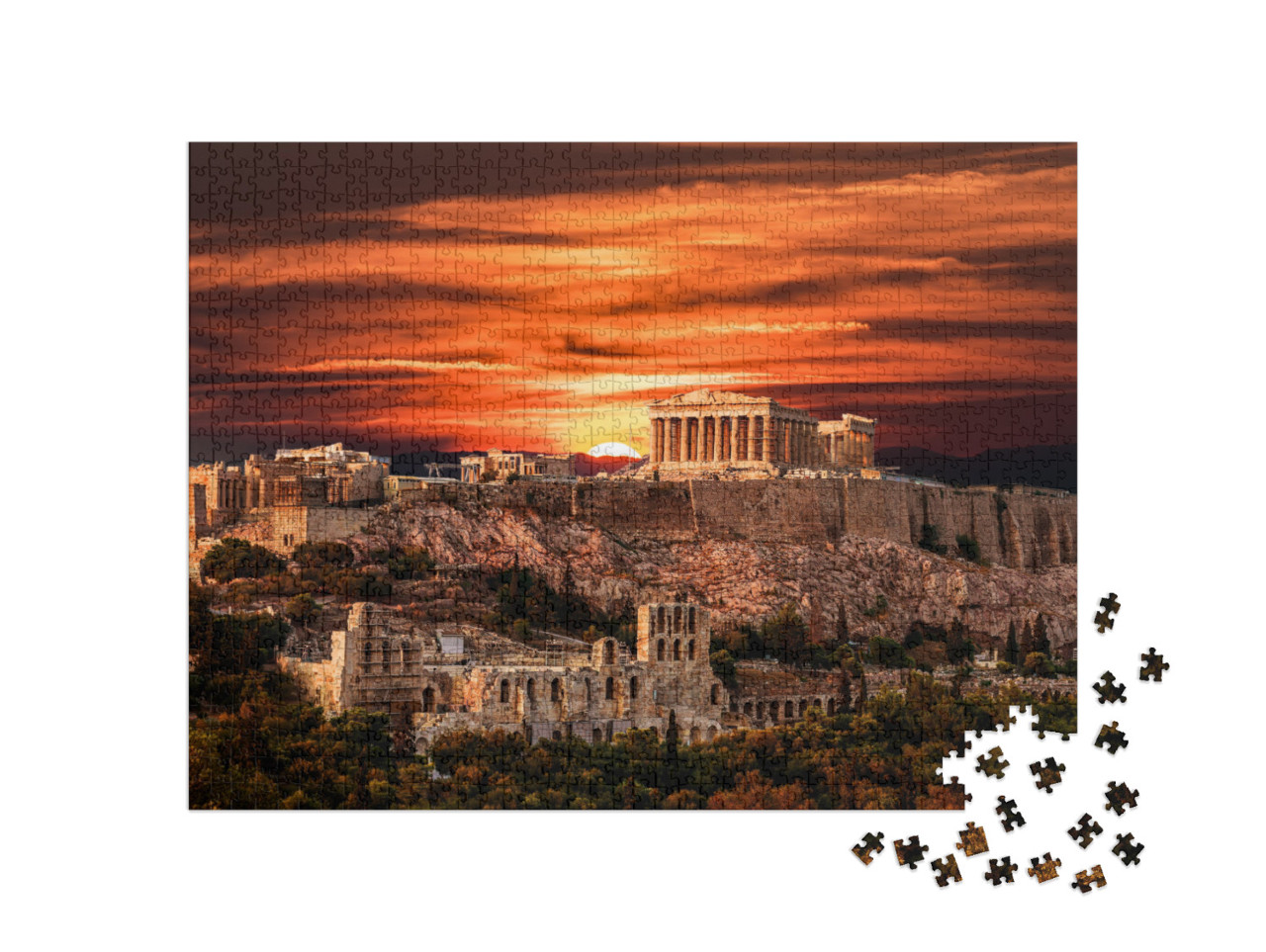puzzle 1000 dílků „Chrám Parthenon na aténské Akropoli při dramatickém západu slunce, Řecko“