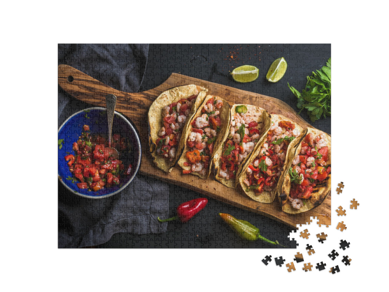 puzzle 1000 dílků „Mexická kuchyně: Krevetové tacos s domácí salsou“