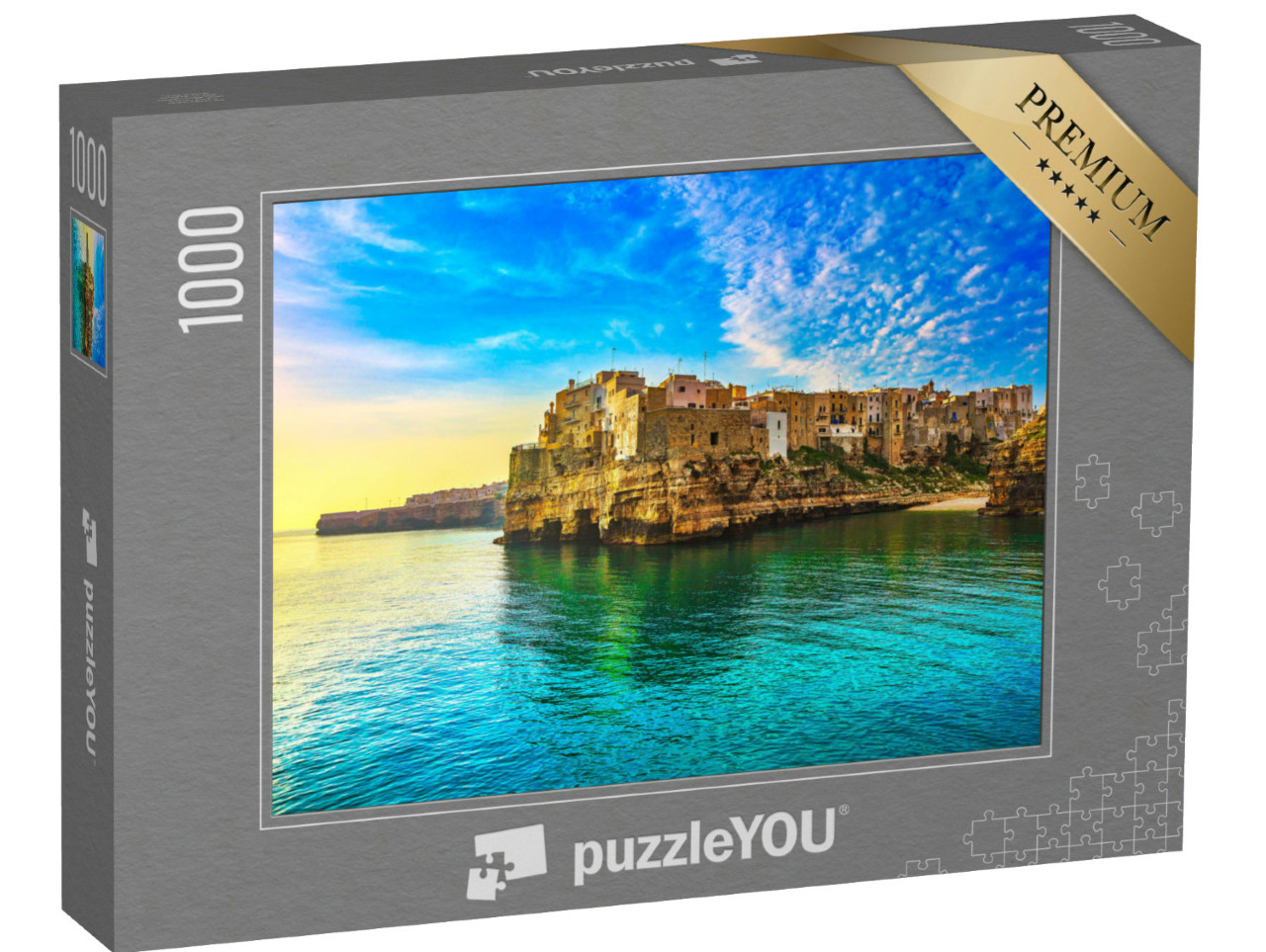 puzzle 1000 dílků „Polignano a Mare, vesnice na skalách při východu slunce, Bari, Apulie, jižní Itálie, Evropa“