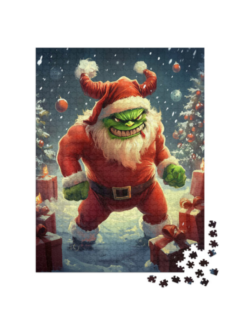 puzzle 1000 dílků „Zelená vánoční příšera jako Santa Claus“