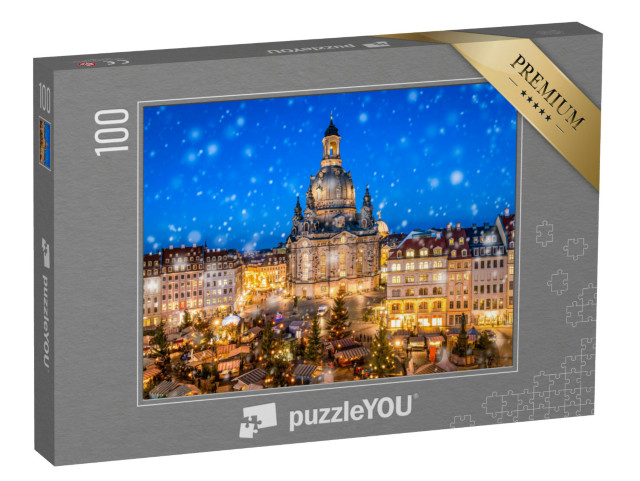 puzzle 100 dílků „Vánoční trh před kostelem Frauenkirche na Neumarktu, Drážďany, Německo“
