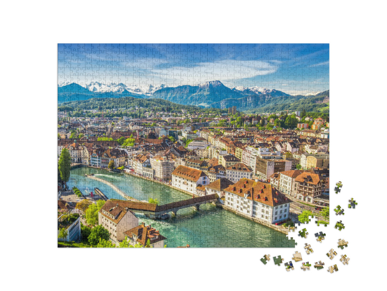 puzzle 1000 dílků „Pohled na horu Pilatus a historické centrum Lucernu, Švýcarsko“