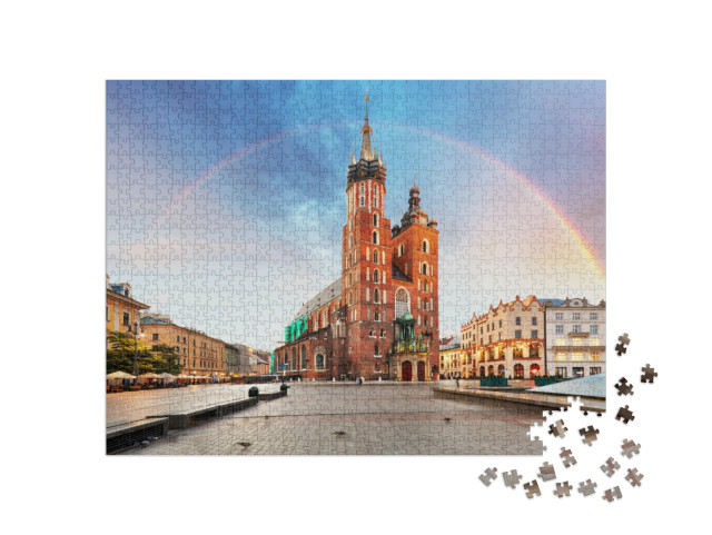 puzzle 1000 dílků „Bazilika Panny Marie na hlavním krakovském náměstí s duhou“