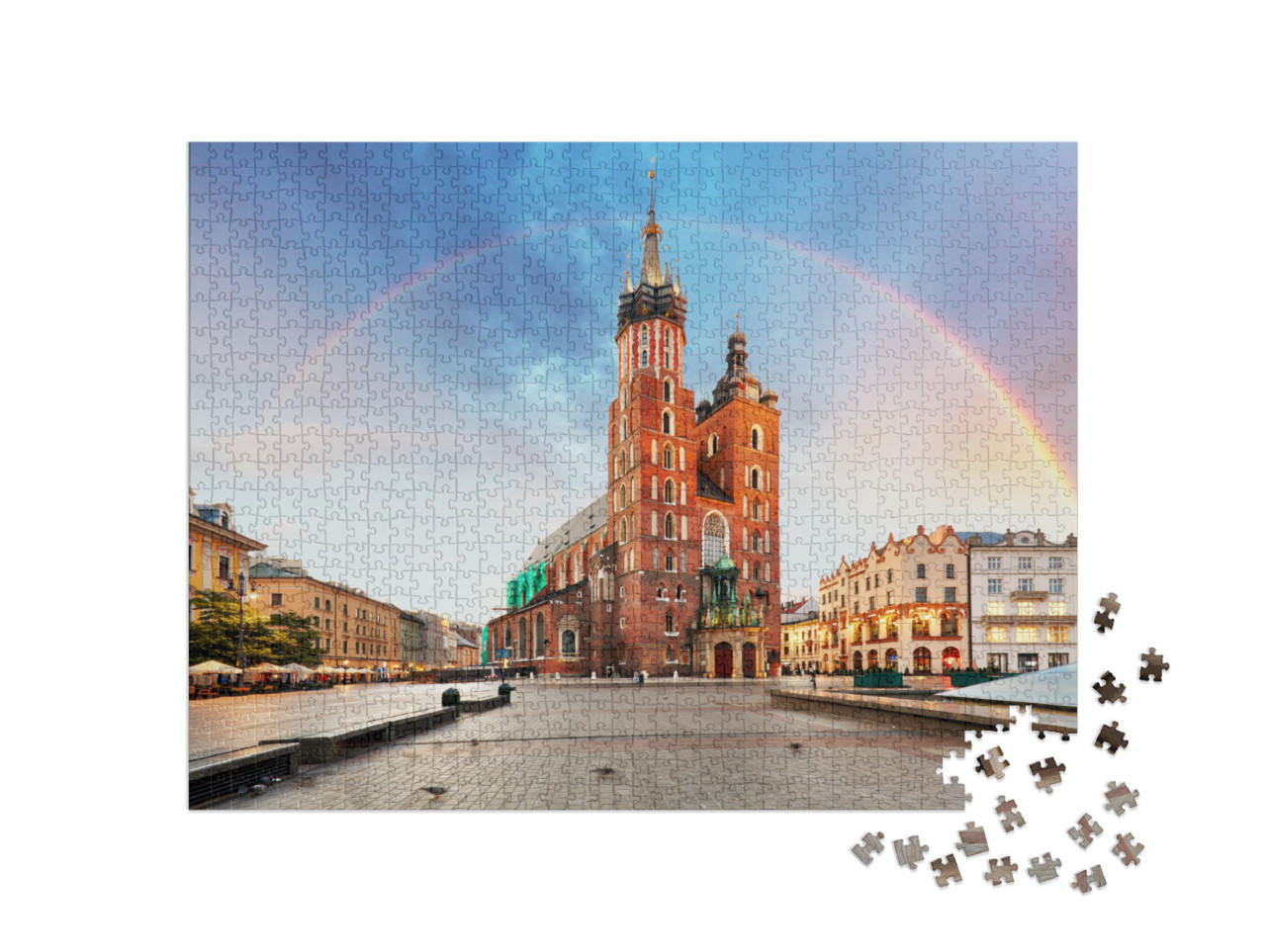 puzzle 1000 dílků „Bazilika Panny Marie na hlavním krakovském náměstí s duhou“