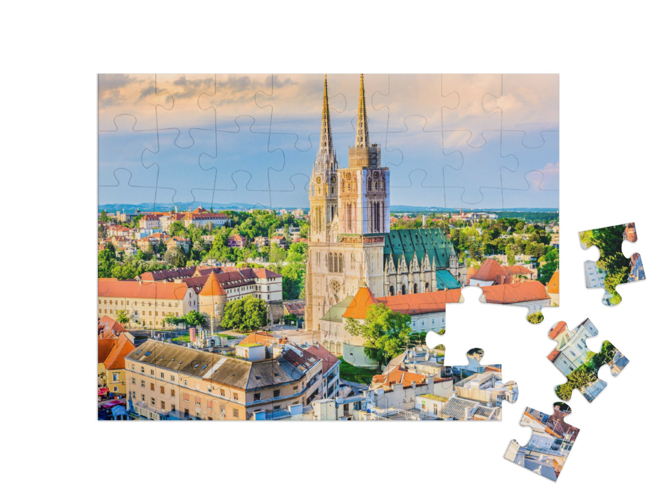 puzzle 48 dílků „Záhřebská katedrála: letecký pohled z Chorvatska“