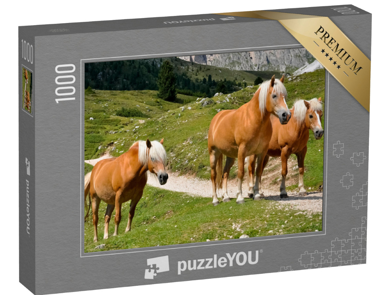 puzzle 1000 dílků „Tři haflingští koně na horské pastvině v Jižním Tyrolsku, Itálie“