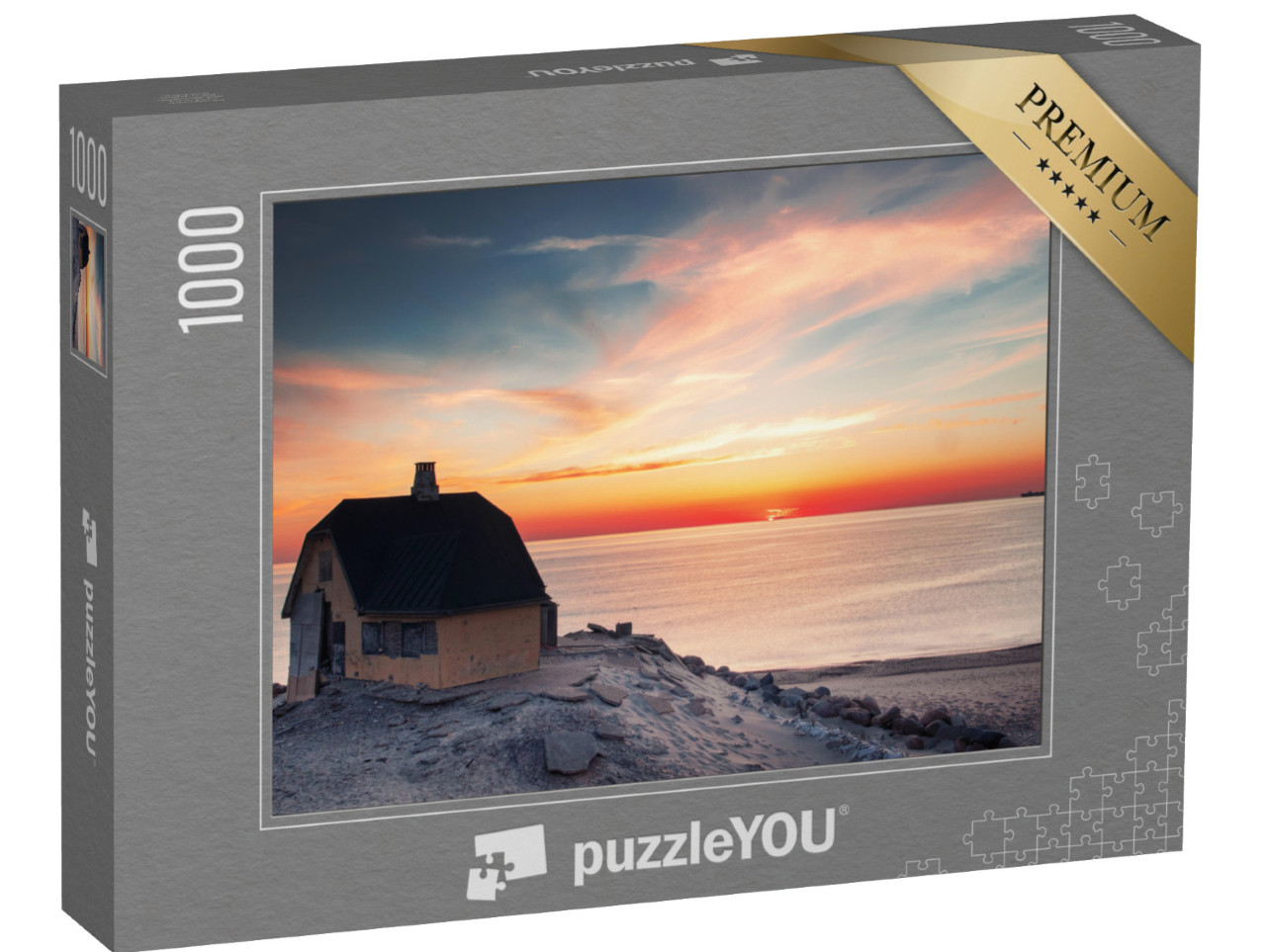 puzzle 1000 dílků „Západ slunce v Severním Jutsku, žlutý dánský dům s výhledem na moře“