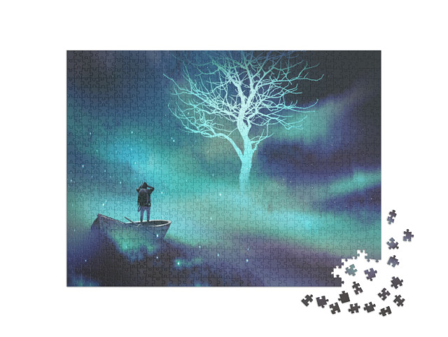 puzzle 1000 dílků „Muž na lodi ve vesmíru, svítící strom, hvězdy, ilustrace“